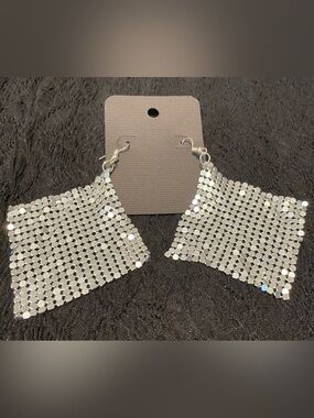 Shiny Silver Mesh Drop Earrings — Sparkling Dangle for Women